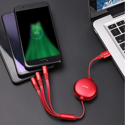 Кабель USB - MicroUSB, Lightning, Type-C для зарядки 1,2 м 3.5А плоский Baseus Little Octopus красный