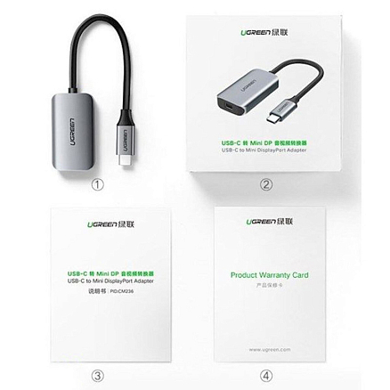 Переходник Type-C - Mini DisplayPort (папа - мама) с кабелем Ugreen CM236 серый