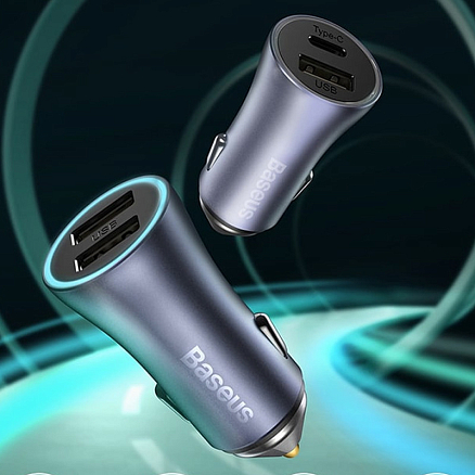Зарядное устройство автомобильное с USB и Type-C входами 5A 40W Baseus Golden Contactor Pro серое