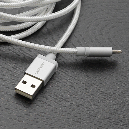Кабель USB - Lightning для зарядки iPhone 2 м MFi плетеный Ugreen US199 (быстрая зарядка) серебристый