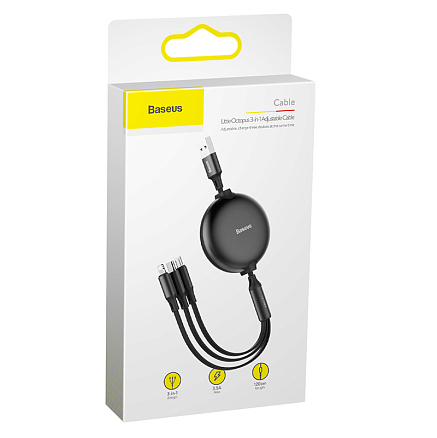 Кабель USB - MicroUSB, Lightning, Type-C для зарядки 1,2 м 3.5А плоский Baseus Little Octopus черный