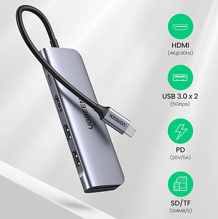 Хаб (разветвитель) Type-C - HDMI 4K 30Hz, 2 х USB 3.0, Type-C PD 100W с картридером SD и MicroSD Ugreen CM195 серый