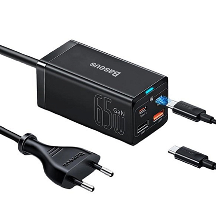Зарядное устройство сетевое с двумя USB и двумя Type-C входами 3А 65W с кабелем Baseus GaN3 Pro (быстрая зарядка QC 4.0, 3.0, PD) черное