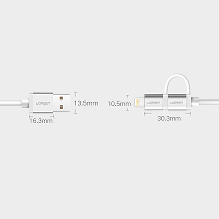 Кабель USB - MicroUSB, Lightning 1 м 2.4А MFi Ugreen US165 серебристый