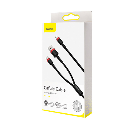 Кабель USB, Type-C - Lightning для зарядки 1,2 м 2.4А 18W плетеный Baseus Cafule (быстрая зарядка PD) черно-красный