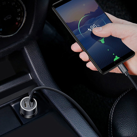 Зарядное устройство автомобильное с двумя USB входами 3.4A и Type-C кабелем Baseus Small Screw (быстрая зарядка QC 3.0) черное