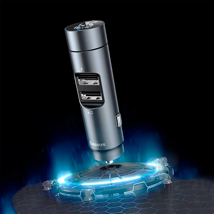 FM модулятор (трансмиттер) автомобильный Baseus Energy Column с громкой связью и двумя USB (3.1A) для зарядки серый