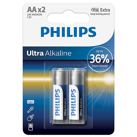 Батарейка LR6 (пальчиковая большая AA) Philips Ultra Alkaline LR6E2B/97 упаковка 2 шт.