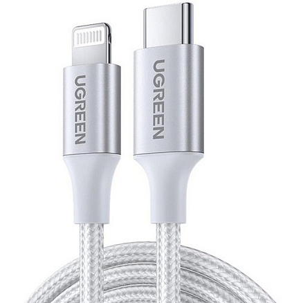 Кабель Type-C - Lightning для зарядки 1.5 м 3А MFi плетеный Ugreen US304 (быстрая зарядка PD) белый