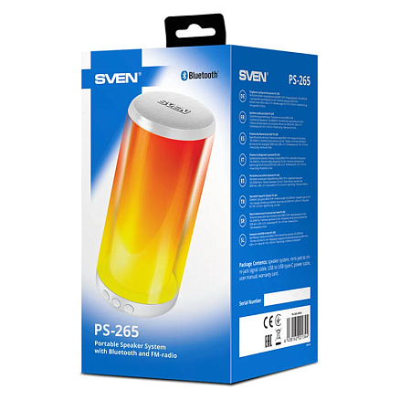 Портативная акустическая система Sven PS-265 с подсветкой, FM-радио, USB, MicroSD белая