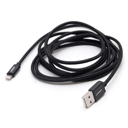 Кабель USB - Lightning для зарядки iPhone 2 м MFi плетеный Ugreen US199 (быстрая зарядка) черный