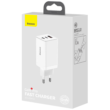 Зарядное устройство сетевое с USB и двумя Type-C входами 3А 65W Baseus GaN3 Pro (быстрая зарядка QC 4.0, 3.0, PD) белое