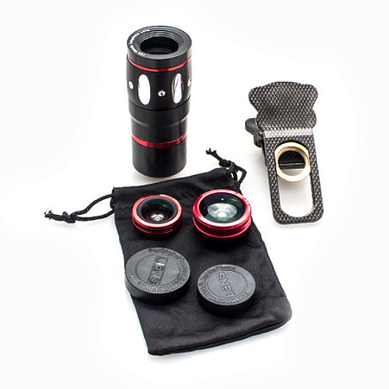 Объектив для телефона универсальный 4-в-1: Fisheye, Wide-Angle, Macro, Telephoto 10х на прищепке темно-серый