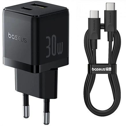 Зарядное устройство сетевое с USB и Type-C входами 3А 30W с кабелем Type-C 60W Baseus Palm (быстрая зарядка PD) черное