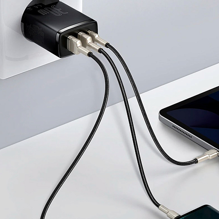 Зарядное устройство сетевое с двумя USB и Type-C входом 3А 30W Baseus Compact (быстрая зарядка PD, QC 3.0) черное