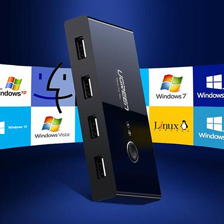 USB 2.0 переключатель 2x4 порта (2 USB входа на 4 USB выхода) Ugreen US216 черный