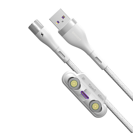 Кабель USB - MicroUSB, Lightning, Type-C 1 м 5А 40W магнитный плетеный Baseus Zinc (быстрая зарядка) белый