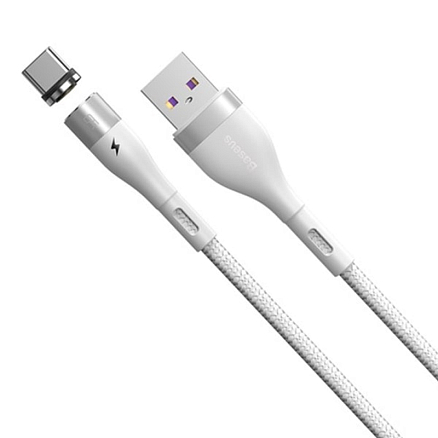 Кабель Type-C - USB 2.0 для зарядки 1 м 5А магнитный плетеный Baseus Zinc (быстрая зарядка) белый