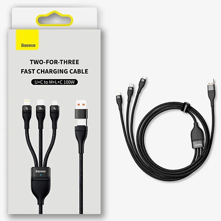 Кабель USB, Type-C - MicroUSB, Lightning, Type-C 1,2 м 5A 100W плетеный Baseus Flash Series черный