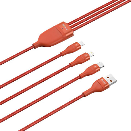 Кабель USB - Lightning, MicroUSB, Type-C 1,2 м 5A 40W плетеный Baseus Flash (быстрая зарядка) оранжевый 