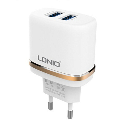 Зарядное устройство сетевое с двумя USB входами 2.4А и MicroUSB кабелем Ldnio DL-AC52 белое