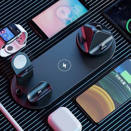 Беспроводная зарядка 7-в-1 для двух телефонов, Apple Watch, AirPods и Apple Pencil 10W c двумя USB портами SeenDa WS15 черная