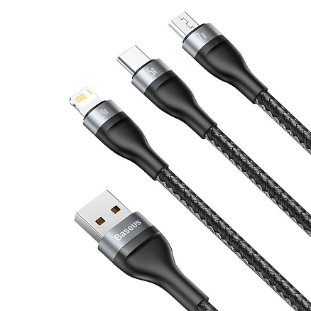 Кабель USB - Lightning, MicroUSB, Type-C 1,2 м 5A 66W плетеный Baseus Flash (быстрая зарядка) черный 