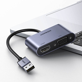 Преобразователь USB 3.0 - HDMI, VGA (папа - мама, мама) с кабелем Ugreen CM449 серый