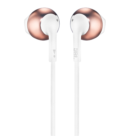 Наушники JBL Tune 205 вкладыши с микрофоном и плоским проводом белые с розовым золотом