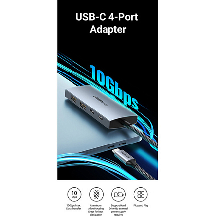Хаб (разветвитель) Type-C - 2 х USB 3.1, 2 x Type-C Ugreen CM480-30758 серый