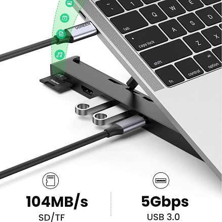 Подставка для ноутбука с переходником Type-C - HDMI 4K 30Hz, 2 х USB 3.0 с картридером SD и MicroSD Ugreen CM359 черная
