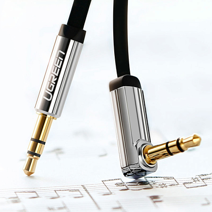 Кабель 3,5 мм - 3,5 мм угловой (стандартный аудио разъем) Aux 2 м плоский Ugreen AV119 черный