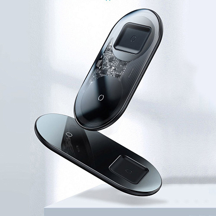 Беспроводная зарядка 2-в-1 для телефона и AirPods Baseus Simple (быстрая зарядка) прозрачная