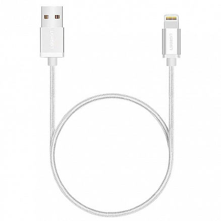 Кабель USB - Lightning для зарядки iPhone 2 м MFi плетеный Ugreen US199 (быстрая зарядка) серебристый