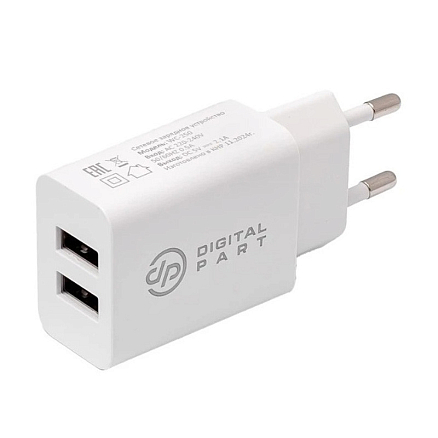 Зарядное устройство сетевое с двумя USB входами 2.1А и кабелем Type-C Digitalpart WC-250 белое
