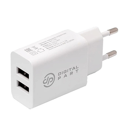 Зарядное устройство сетевое с двумя USB входами 2.1А и кабелем Type-C Digitalpart WC-250 белое