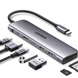 Хаб (разветвитель) Type-C - HDMI 4K 30Hz, 2 х USB 3.0, Type-C, Type-C PD 100W с картридером SD и MicroSD Ugreen CM195-15214 серый