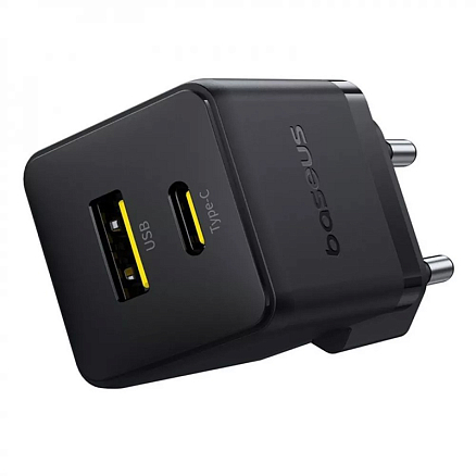 Зарядное устройство сетевое с USB и Type-C входами 3А 20W с кабелем Type-C 60W Baseus Palm (быстрая зарядка PD) черное