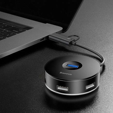 USB 3.0 + Type-C HUB (разветвитель) на 1 порт USB 3.0 и 3 порта USB 2.0 12 см Baseus Round Box с питанием MicroUSB черный