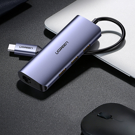 USB 3.0 HUB (разветвитель) на 3 порта + Gigabit Ethernet Ugreen CM252 с питанием MicroUSB серый