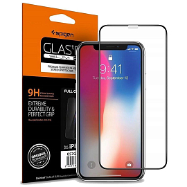 Защитное стекло для iPhone XR, 11 на весь экран противоударное Spigen Glass FC черное
