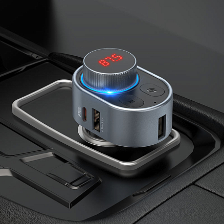 FM модулятор (трансмиттер) автомобильный с громкой связью, Type-C PD 30W и USB QC для зарядки Hoco E72 Alegria серый