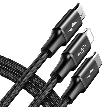 Кабель USB - Lightning, MicroUSB, Type-C 1,2 м 3A плетеный Baseus Rapid черный