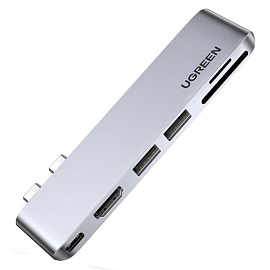 Хаб (разветвитель) Dual Type-C - HDMI 4K 60Hz, 2 х USB 3.0, 2 х Type-C PD 100W с картридером SD и MicroSD Ugreen CM380 серый