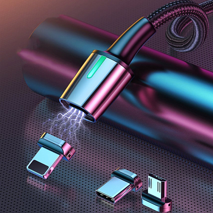 Кабель USB - MicroUSB, Lightning, Type-C 1 м 3А со сменными штекерами магнитный плетеный Baseus Zinc черный