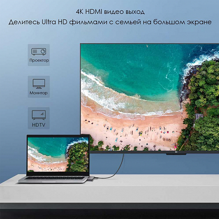 Хаб (разветвитель) Dual Type-C - HDMI 4K 60Hz, 2 х USB 3.0, Gigabit Ethernet, 2 х Type-C PD 100W Ugreen CM218 серый