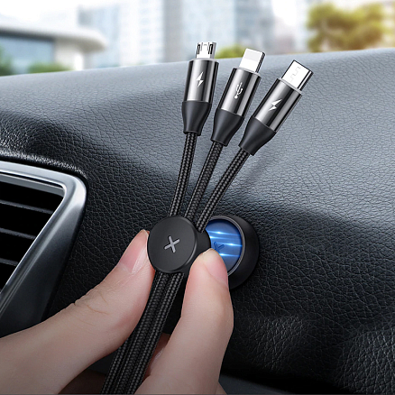 Кабель USB - MicroUSB, Lightning, Type-C 1 м 3.5A c магнитом Baseus Car черный