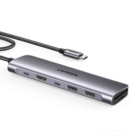 Хаб (разветвитель) Type-C - HDMI 4K 30Hz, 2 х USB 3.0, Type-C, Type-C PD 100W с картридером SD и MicroSD Ugreen CM195-15214 серый