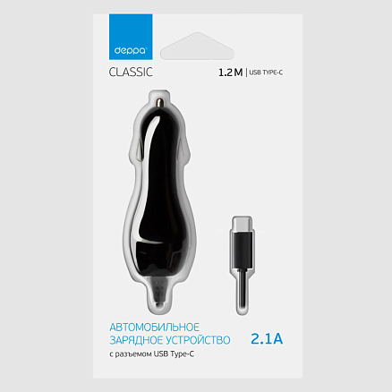 Зарядное устройство автомобильное 2.1A с Type-C кабелем 1,2 м Deppa 22132 черное
