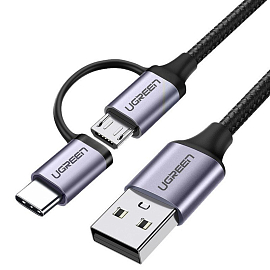 Кабель USB - MicroUSB, Type-C для зарядки 1 м 3А плетеный Ugreen US177 черный